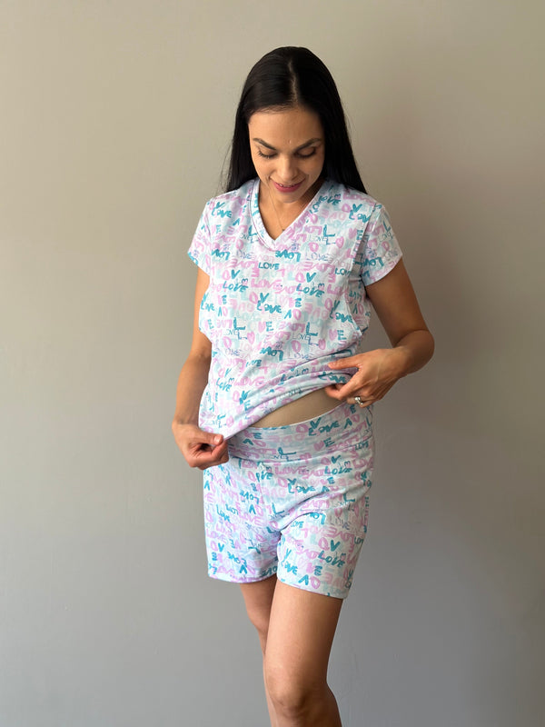 Pijama de short maternidad y lactancia •LOVE AQUA• con ALGODÓN