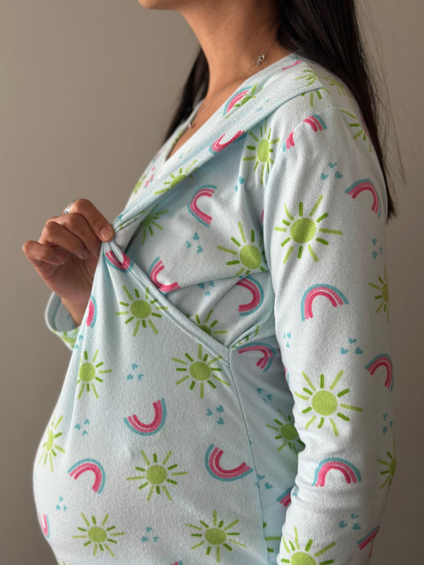 Pijama de maternidad y lactancia •Arcoiris Azul• FLEECE DELGADO