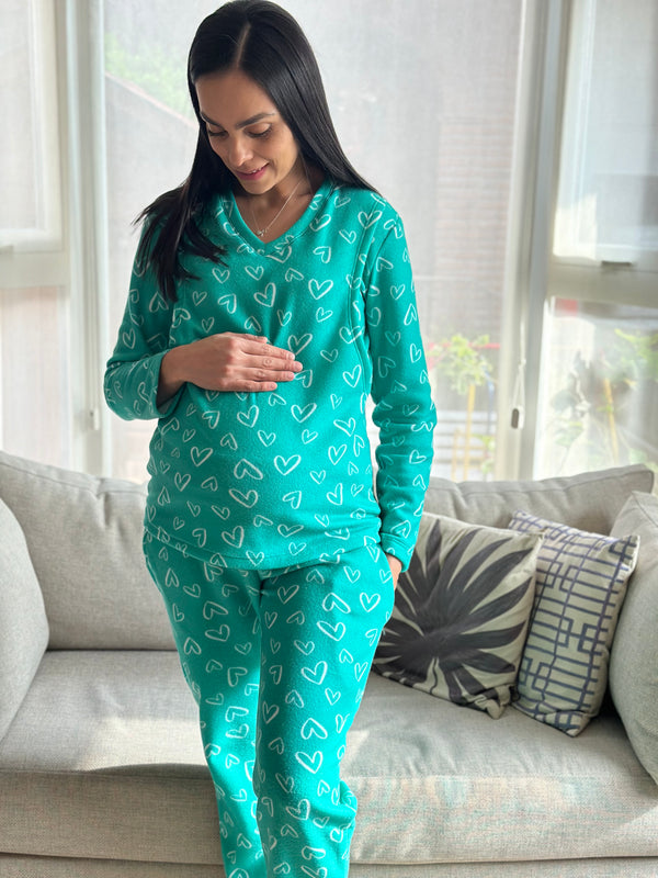 Pijama de maternidad y lactancia •Corazones verde• POLAR
