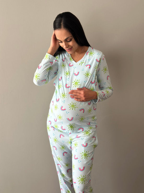Pijama de maternidad y lactancia •Arcoiris Azul• FLEECE DELGADO