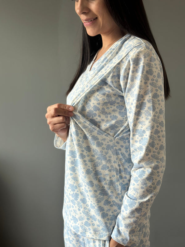 Pijama de maternidad y lactancia •Hojas azul• con ALGODÓN