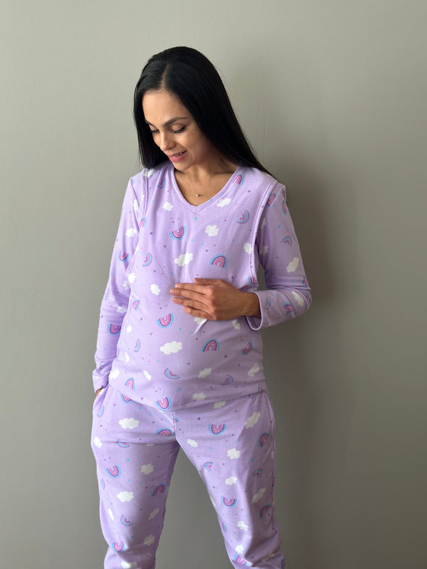 Pijama de maternidad y lactancia •Arcoiris Lila• FLEECE DELGADO