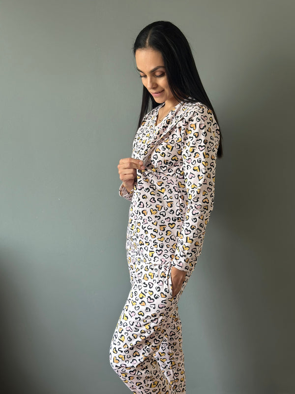 Pijama de maternidad y lactancia •Corazones print• con ALGODÓN