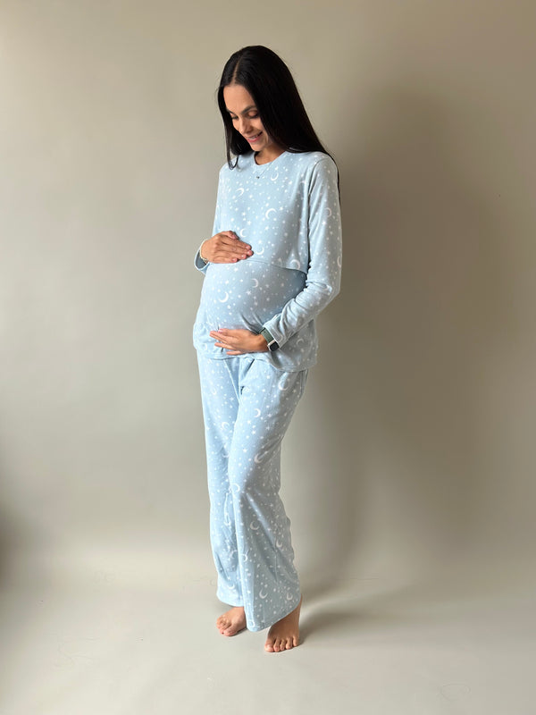 Pijama de mater y lact •Estrellas azul• FLEECE DELGADO
