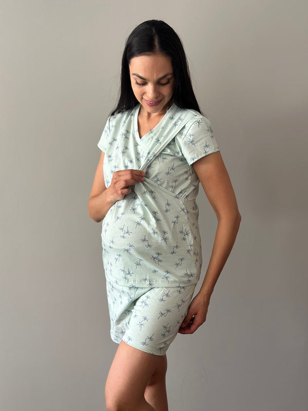 Pijama de short maternidad y lactancia •PALMERAS VERDE• con ALGODÓN
