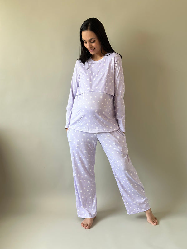 Pijama de maternidad y lactancia •Estrellas lila•