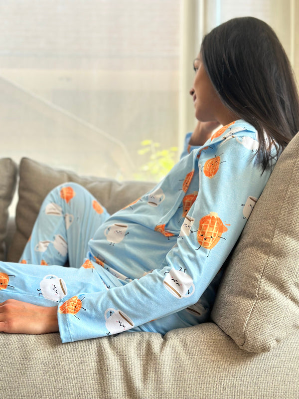Pijama de maternidad y lactancia •Waffle azul• SUPER SOFT