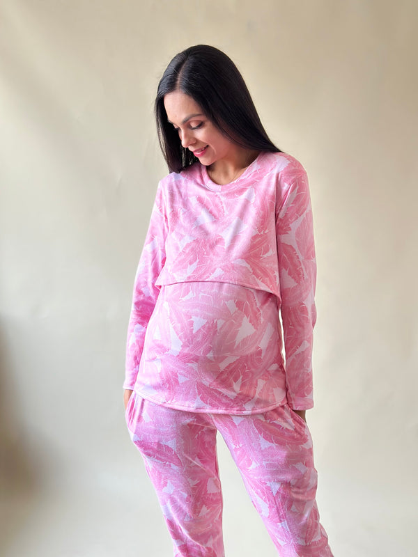 Pijama de maternidad y lactancia •Hojas rosa• SUPER SOFT