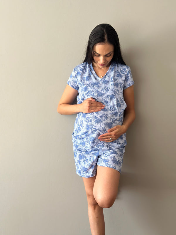 Pijama de short maternidad y lactancia •PALMA AZUL• ALGODÓN