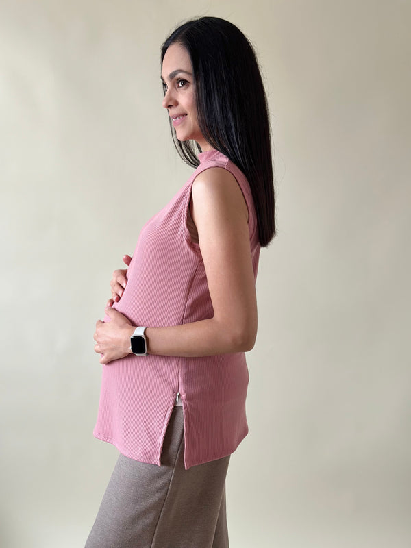 Blusa de maternidad y lactancia acanalada •Rosa palo•