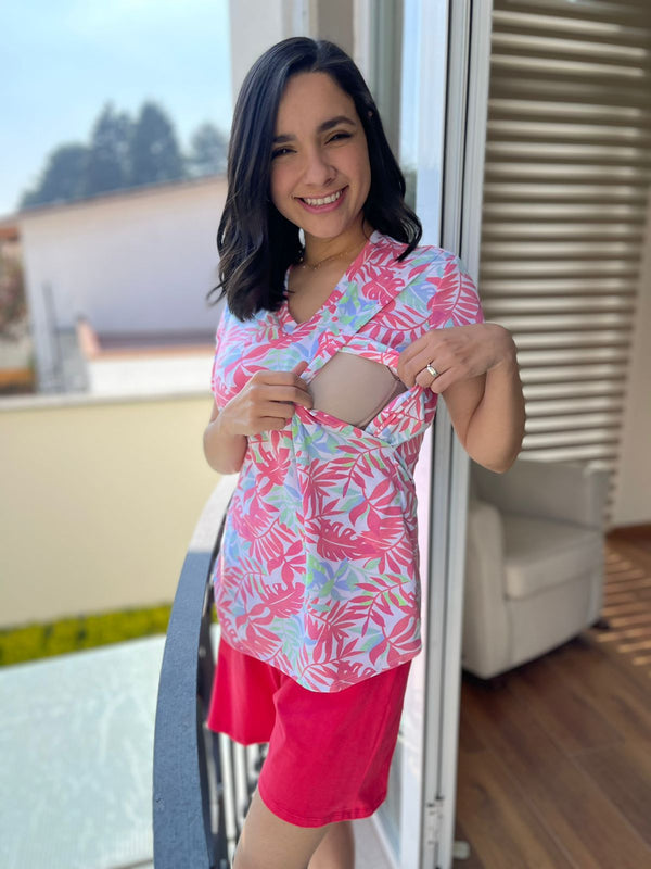 Pijama de maternidad y lactancia SHORT •Aloha coral• con ALGODÓN