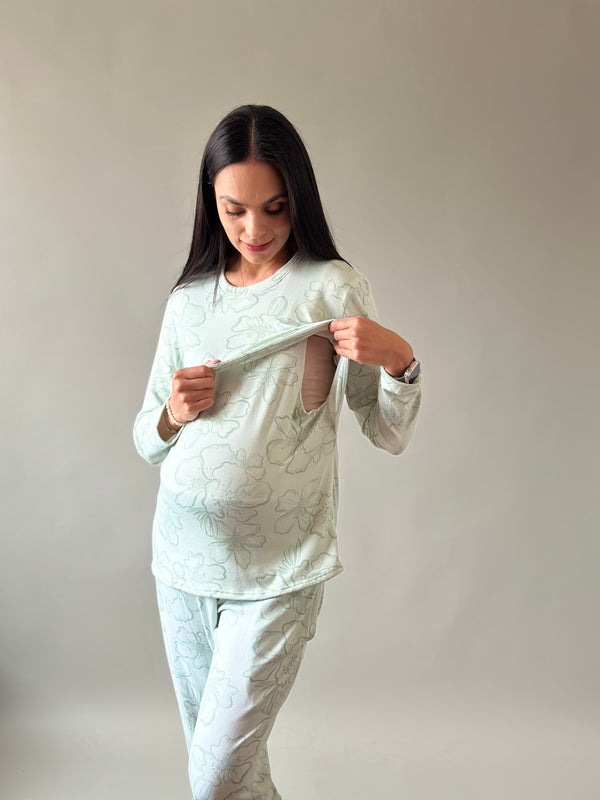 Pijama de maternidad y lactancia •Tulipán verde• SUPER SOFT