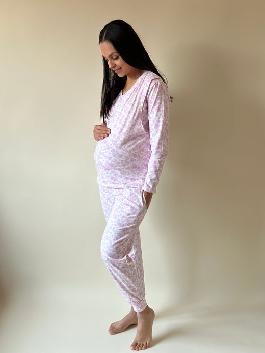 Pijama de maternidad y lactancia •Hojas lila• con ALGODÓN