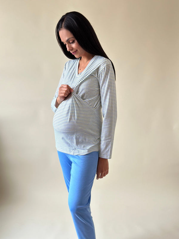 Pijama de maternidad y lactancia •rayas azul celeste• con ALGODÓN