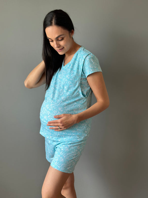 Pijama de short maternidad y lactancia •CIELO• con ALGODÓN