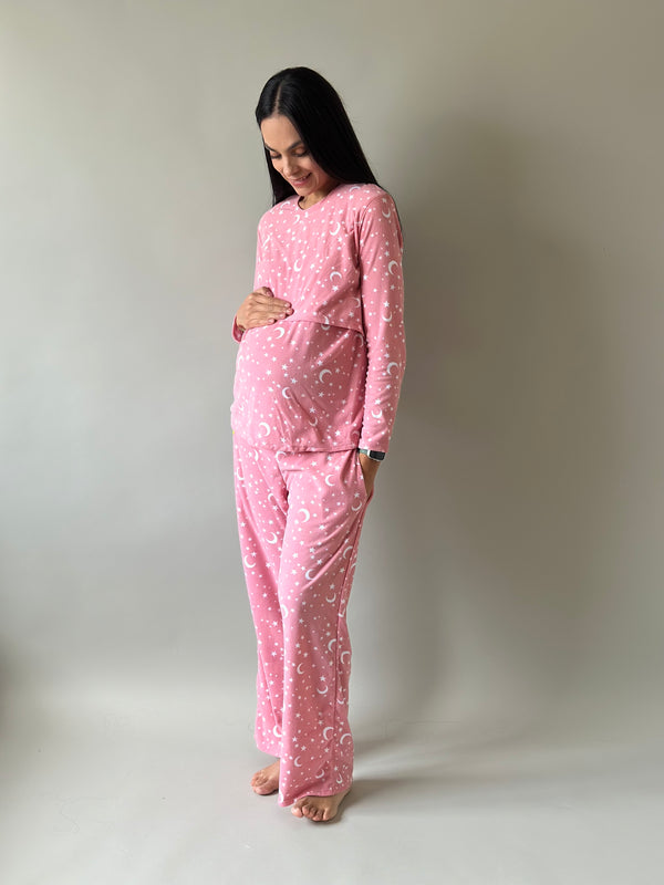Pijama de mater y lact •Estrellas rosa• FLEECE DELGADO