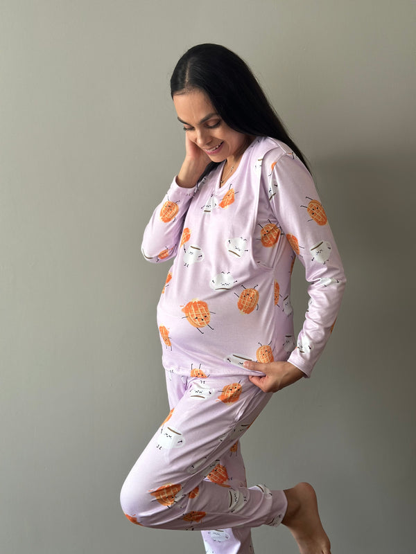Pijama de maternidad y lactancia •Waffle rosa• SUPER SOFT
