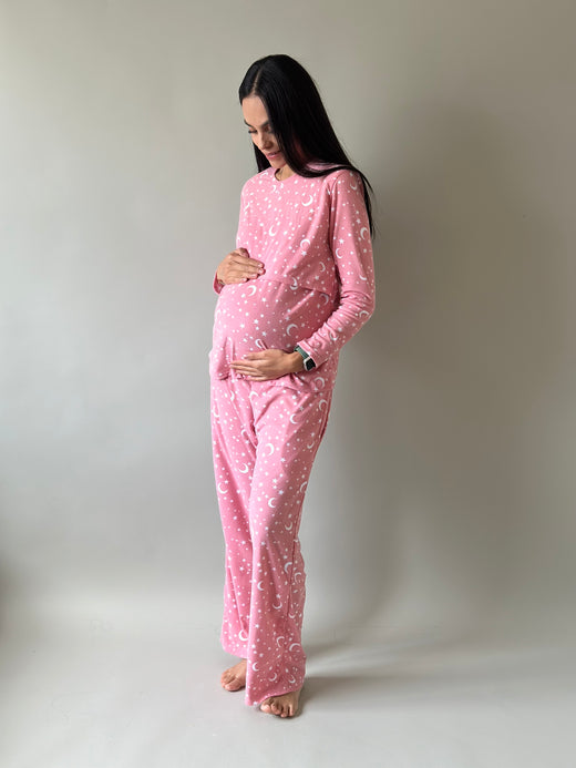 Pijama de mater y lact •Estrellas rosa• FLEECE DELGADO