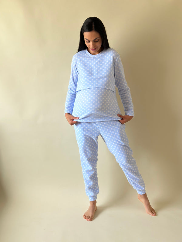 Pijama de mater y lact •Lunares azul• FLEECE DELGADO