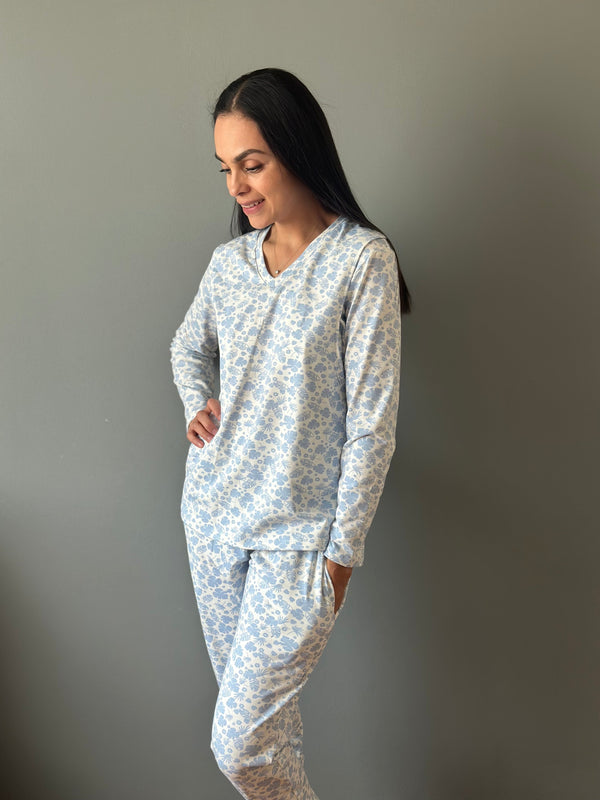 Pijama de maternidad y lactancia •Hojas azul• con ALGODÓN
