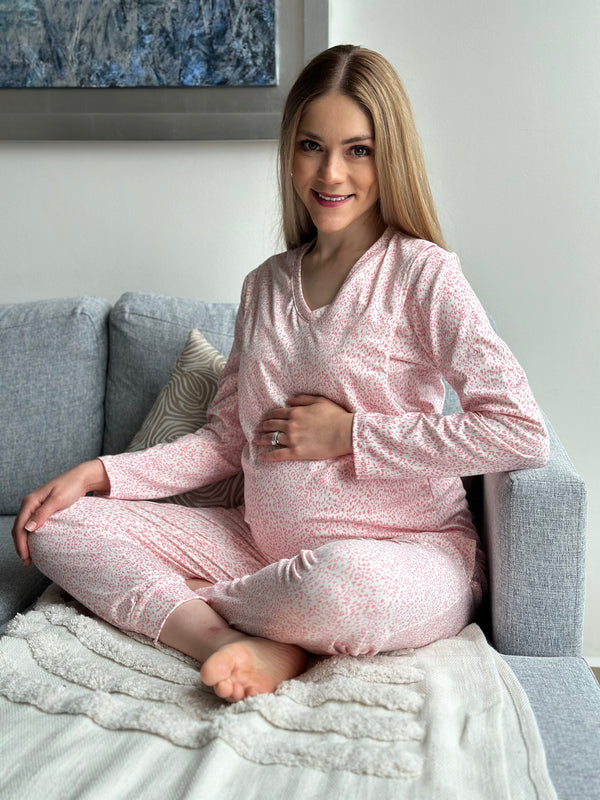 Pijama de maternidad y lactancia •MOTITAS CORAL• ALGODÓN