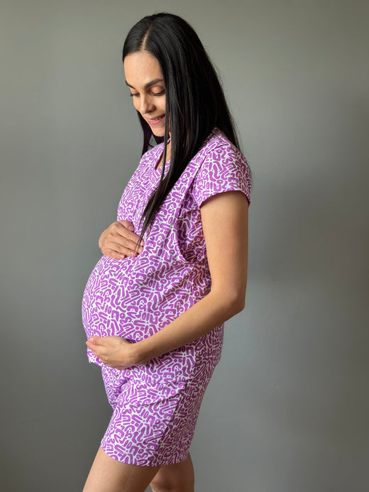 Pijama de short maternidad y lactancia •GRECAS PURPURA• con ALGODÓN