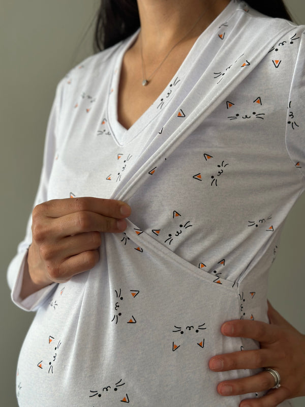 Pijama de maternidad y lactancia •Gatitos naranja• ALGODÓN