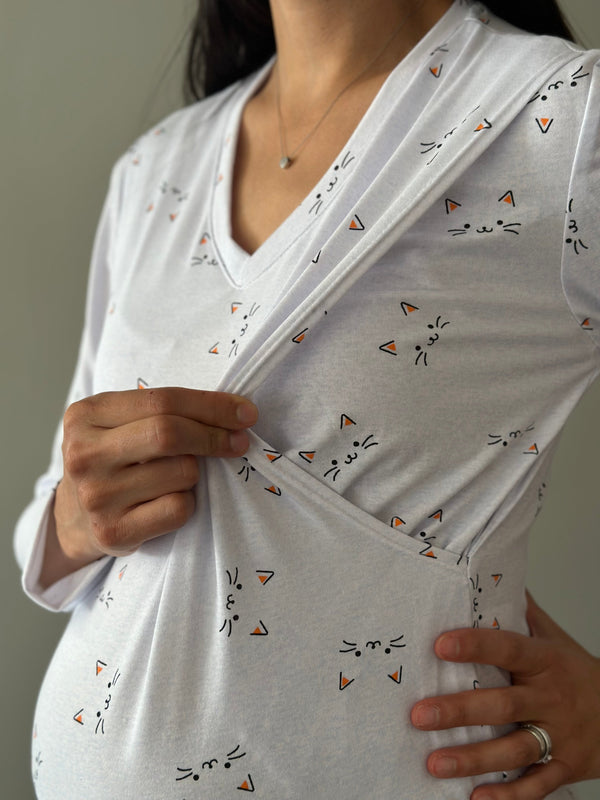 Pijama de maternidad y lactancia •Gatitos naranja• con ALGODÓN