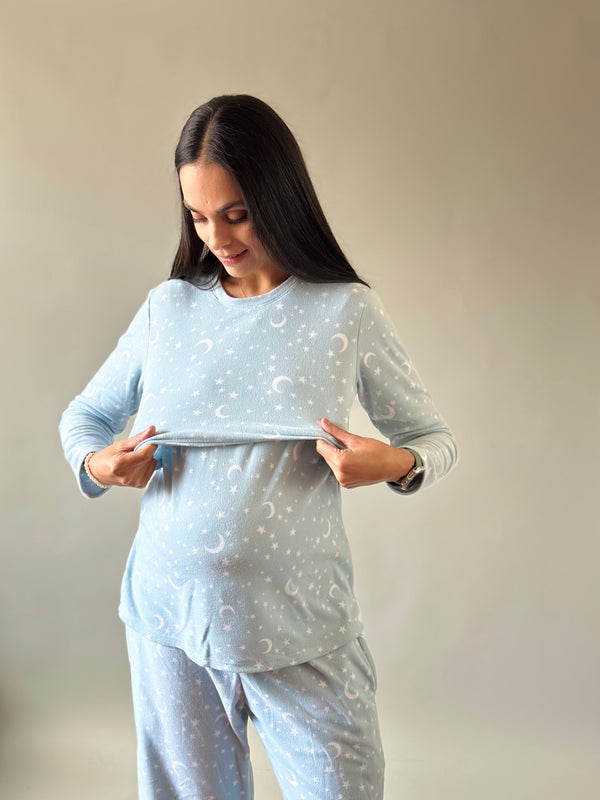 Pijama de mater y lact •Estrellas azul• FLEECE DELGADO