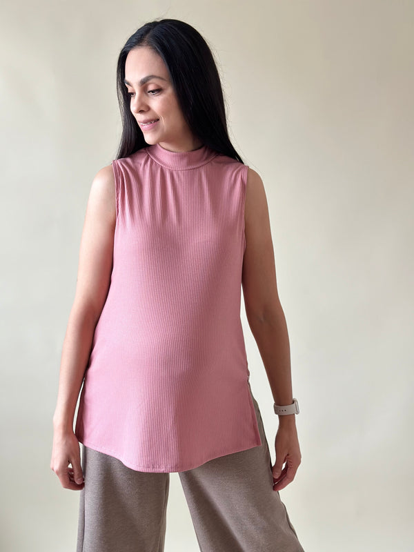 Blusa de maternidad y lactancia acanalada •Rosa palo•