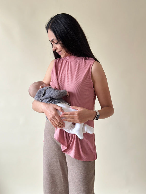 Blusa de maternidad y lactancia acanalada •Rosa palo•