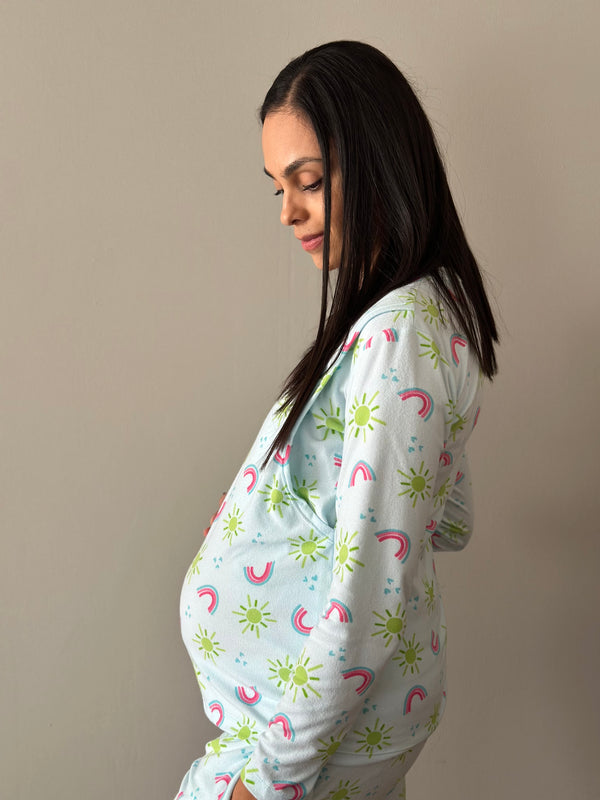 Pijama de maternidad y lactancia •Arcoiris Azul• FLEECE DELGADO