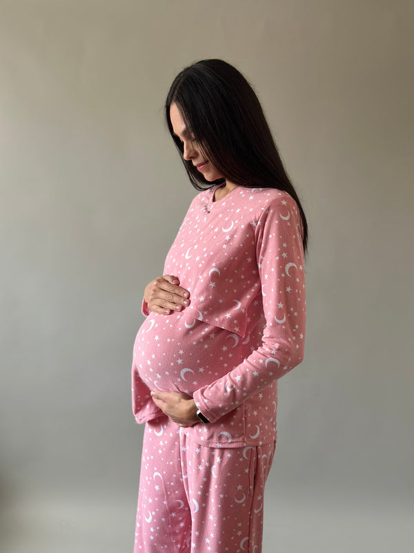 Pijama de mater y lact •Estrellas rosa• FLEECE DELGADO