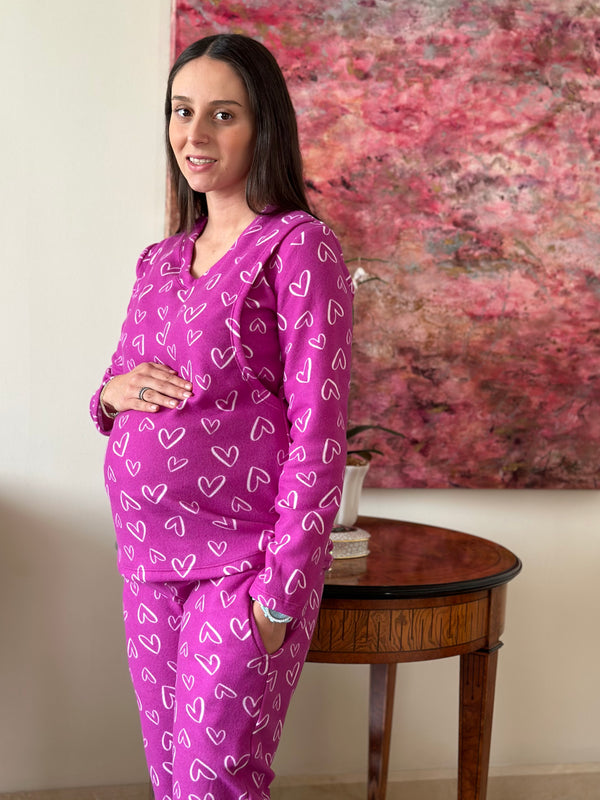 Pijama de maternidad y lactancia •Corazones fiusha• POLAR