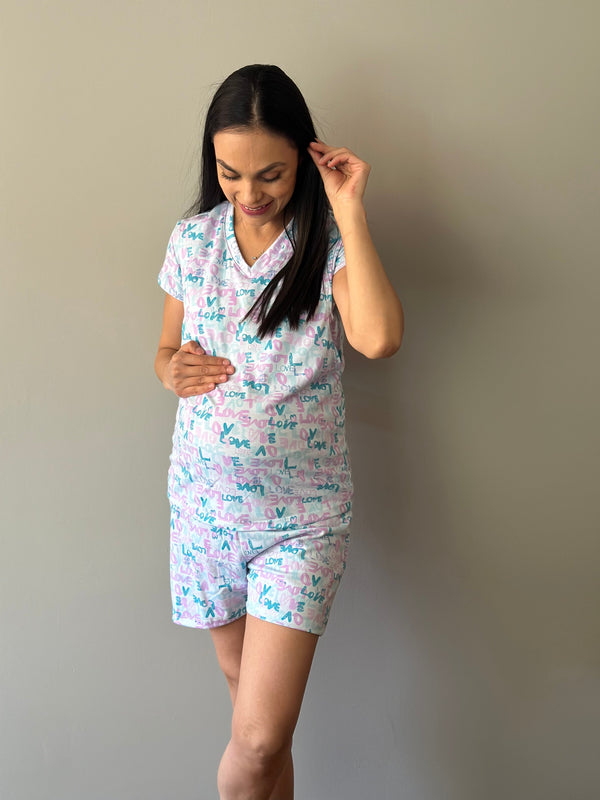Pijama de short maternidad y lactancia •LOVE AQUA• con ALGODÓN