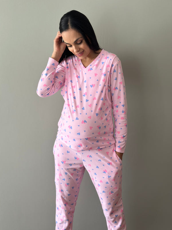 Pijama de maternidad y lactancia •Confeti Rosa• FLEECE DELGADO