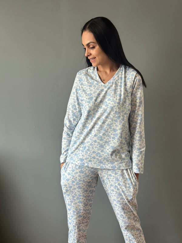 Pijama de maternidad y lactancia •Hojas azul• con ALGODÓN