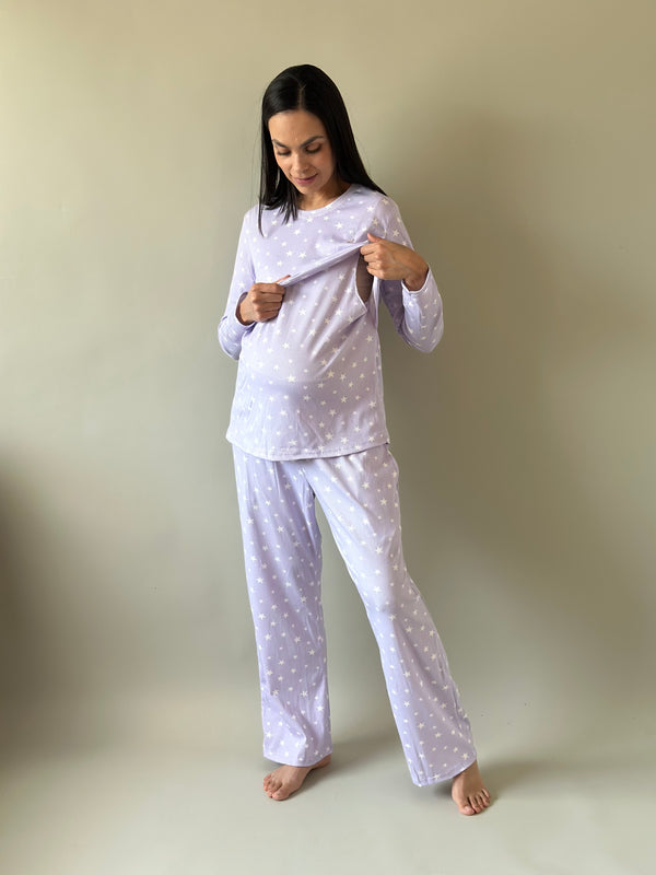 Pijama de maternidad y lactancia •Estrellas lila•