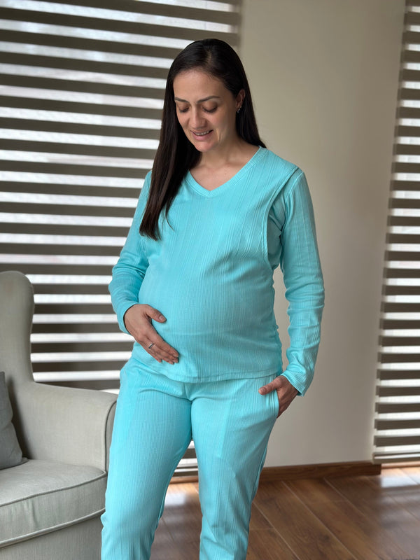 Pijama de maternidad y lactancia •Turquesa• con ALGODÓN