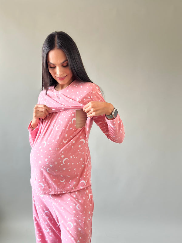 Pijama de mater y lact •Estrellas rosa• FLEECE DELGADO