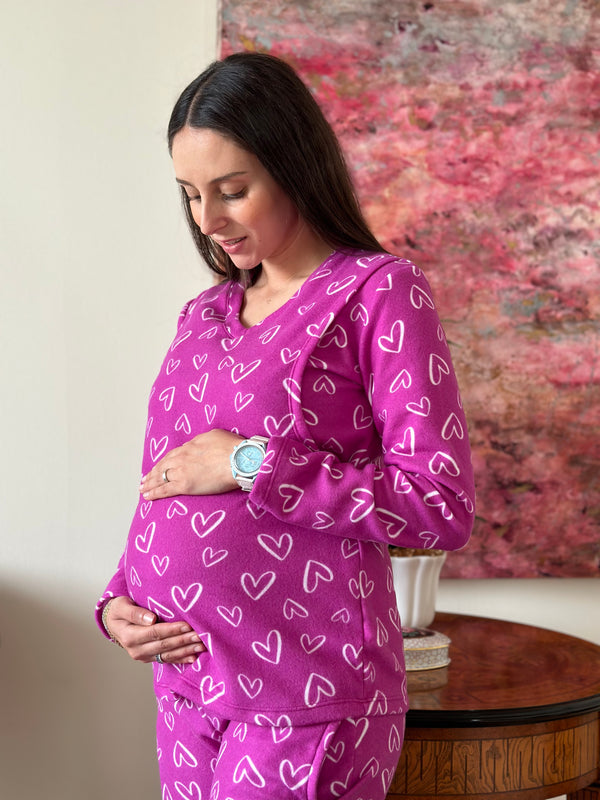 Pijama de maternidad y lactancia •Corazones fiusha• POLAR