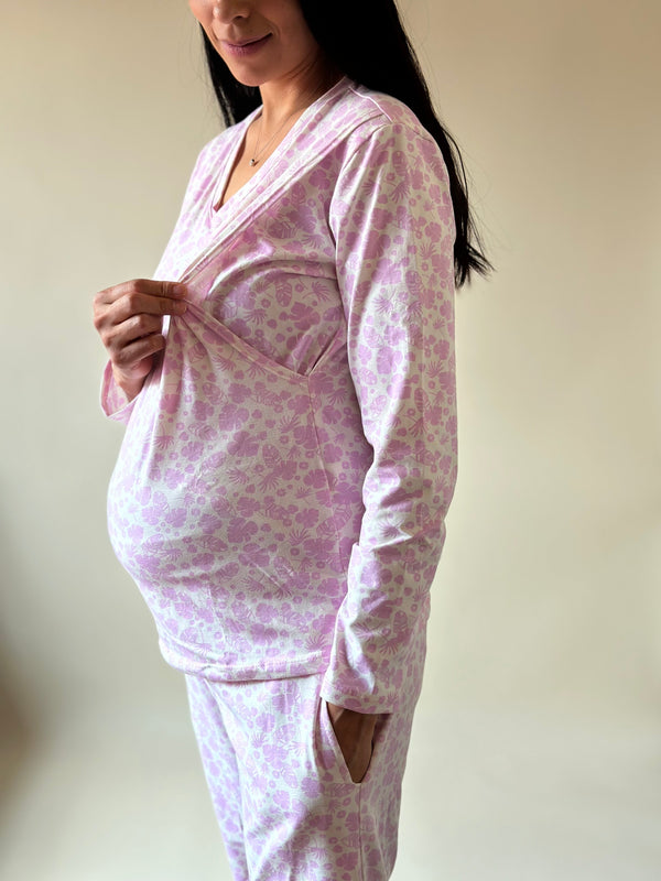 Pijama de maternidad y lactancia •Hojas lila• con ALGODÓN