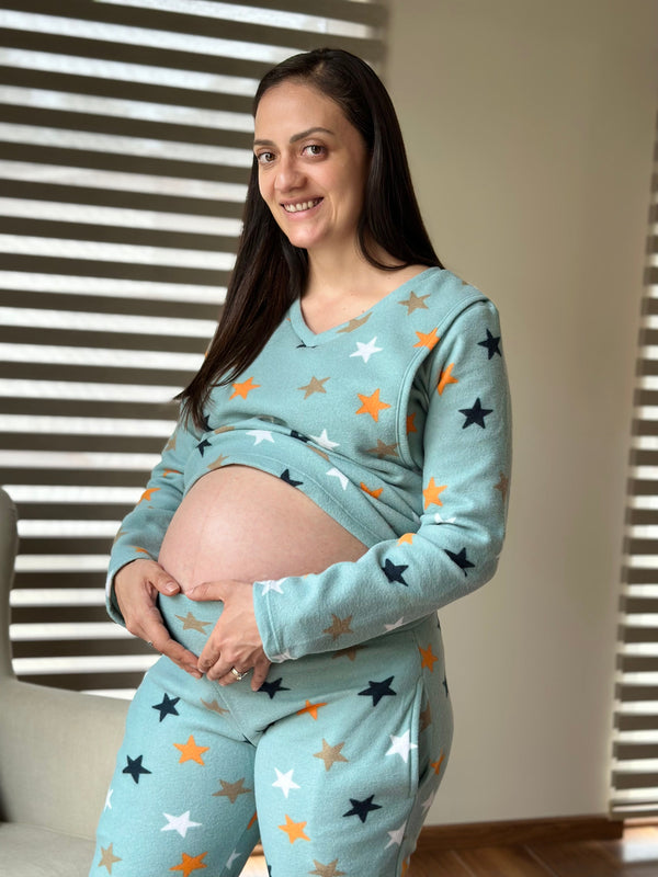 Pijama de maternidad y lactancia •Estrellas aqua• POLAR