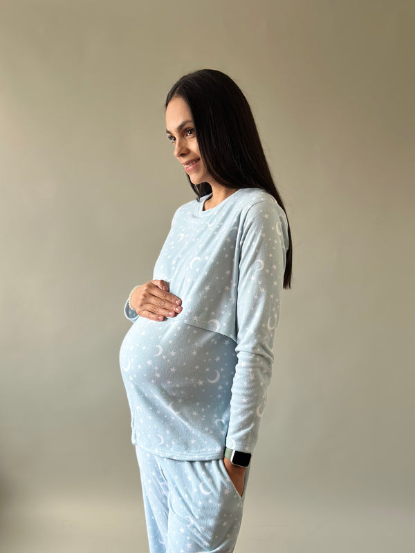 Pijama de mater y lact •Estrellas azul• FLEECE DELGADO