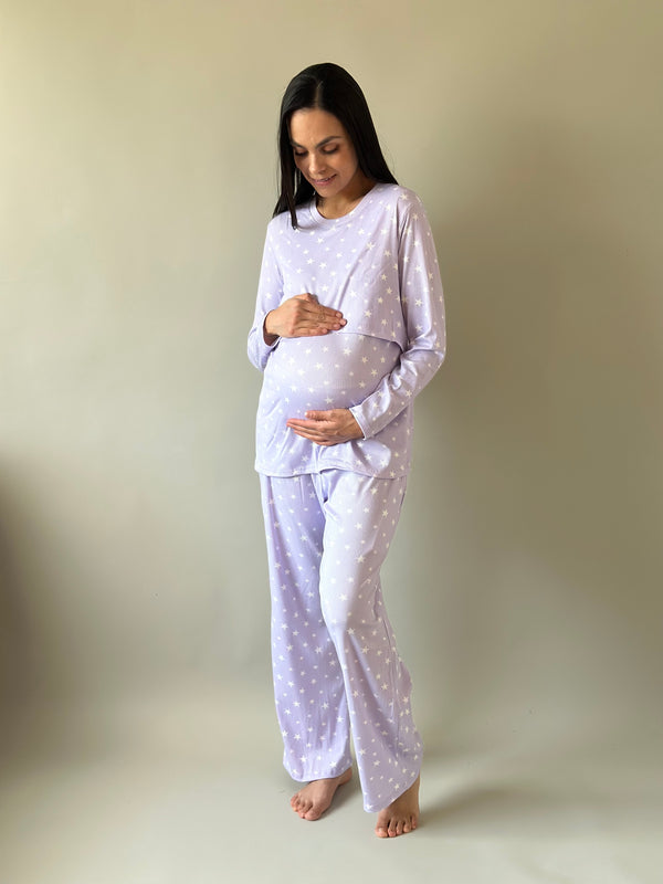 Pijama de maternidad y lactancia •Estrellas lila•