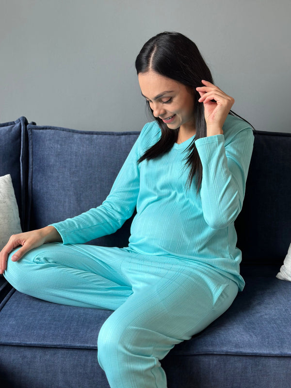Pijama de maternidad y lactancia •Turquesa• con ALGODÓN