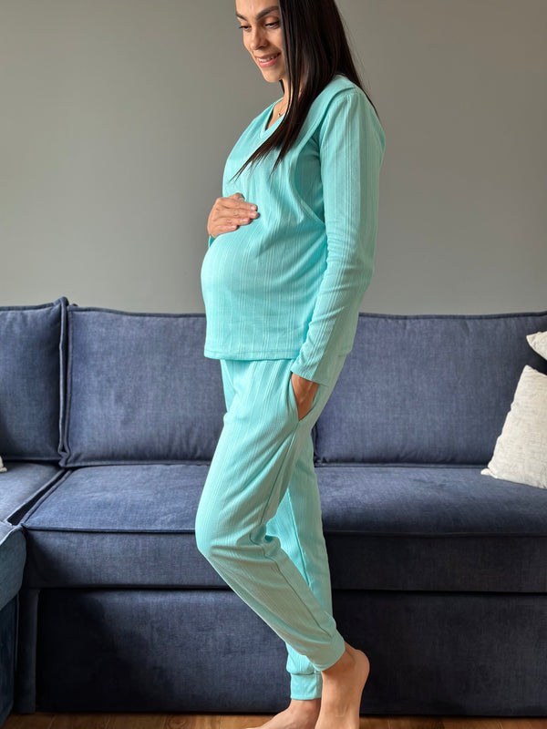 Pijama de maternidad y lactancia •Turquesa• con ALGODÓN