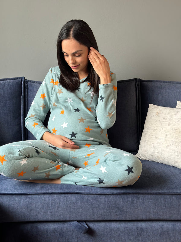 Pijama de maternidad y lactancia •Estrellas aqua• POLAR