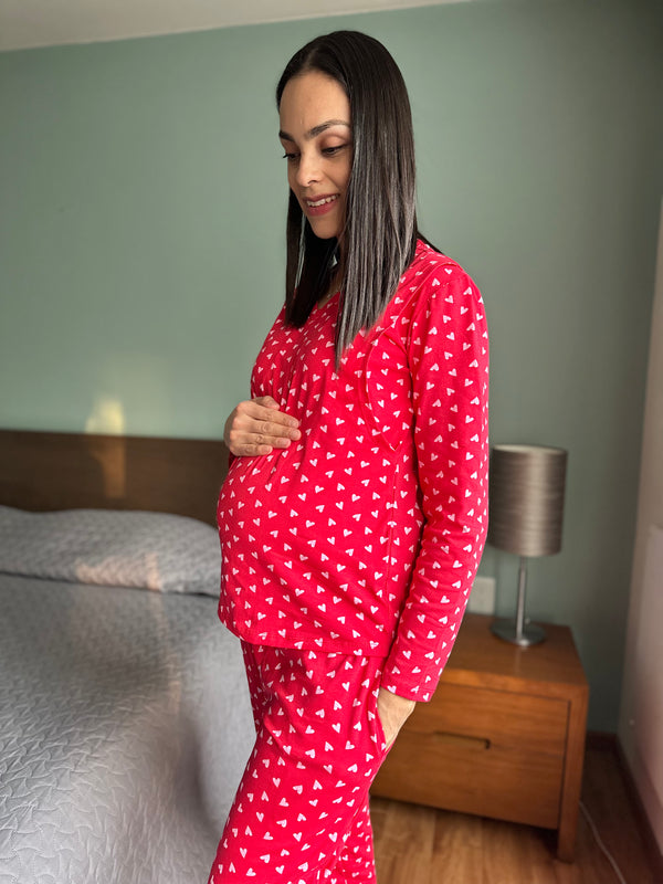 Pijama de maternidad y lactancia •corazones rojo. ALGODÓN