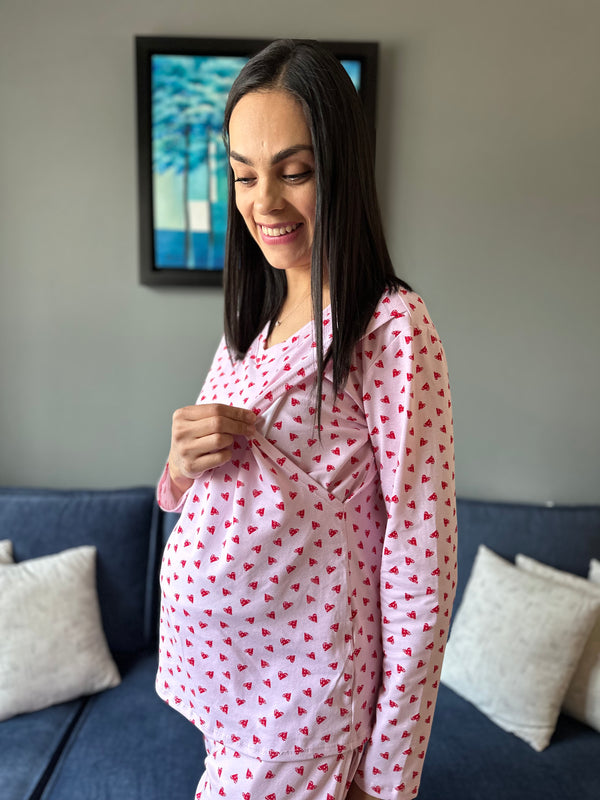 Pijama de maternidad y lactancia •corazones rosa• ALGODÓN